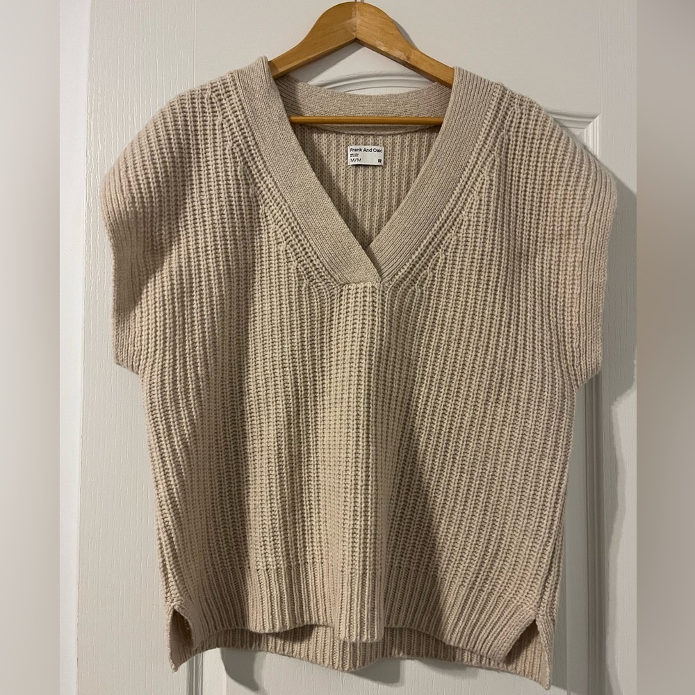 Vince Ribbed V-Neck Short Sleeve Sweater Vest in Beige